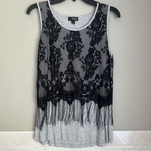 a.n.a  Women's Gray Sleeveless Top With Black Lace Fringe Detail Size L